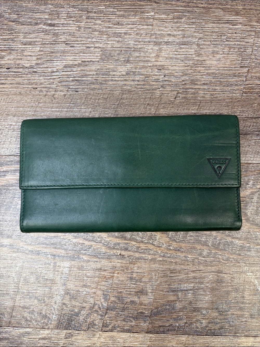 GUESS Genuine Leather Green Checkbook Wallet Organizer Vintage Long Wallet